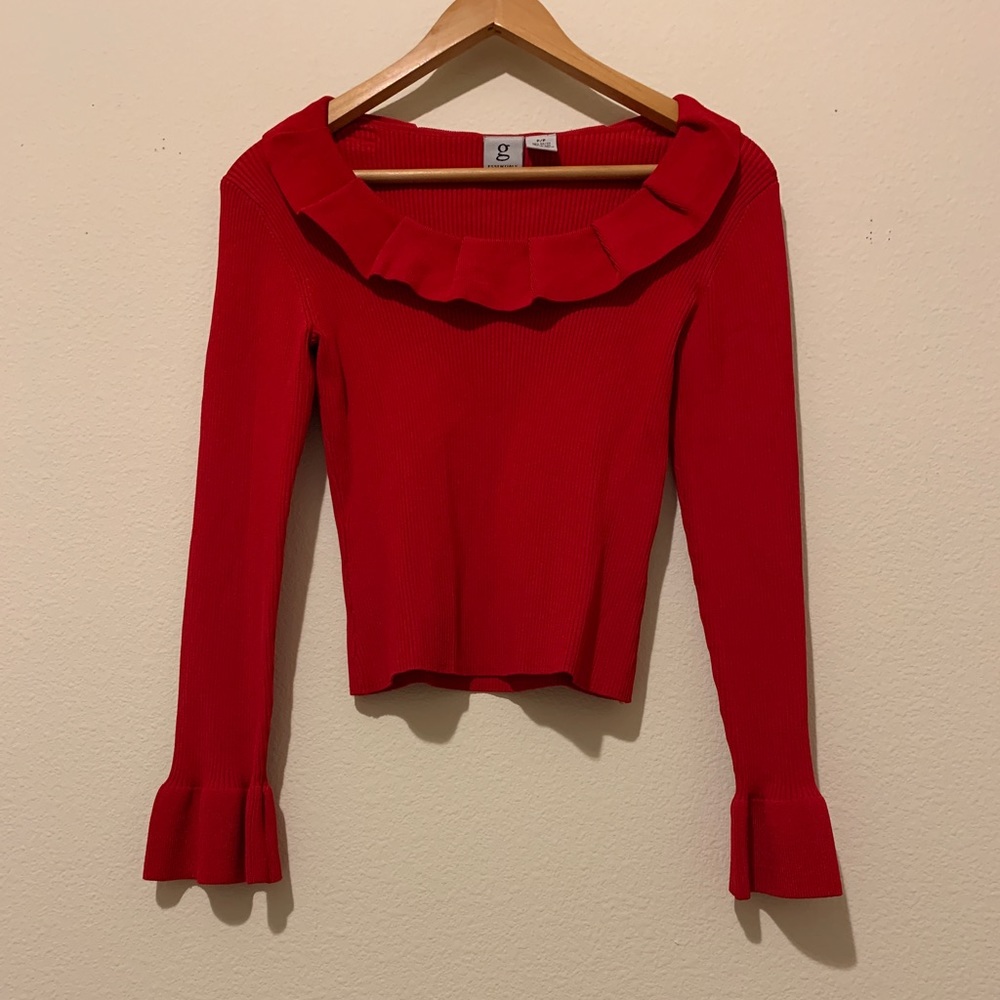 Red Long-Sleeve Ruffled Crop Top (Ribbed) - Picture 4 of 14